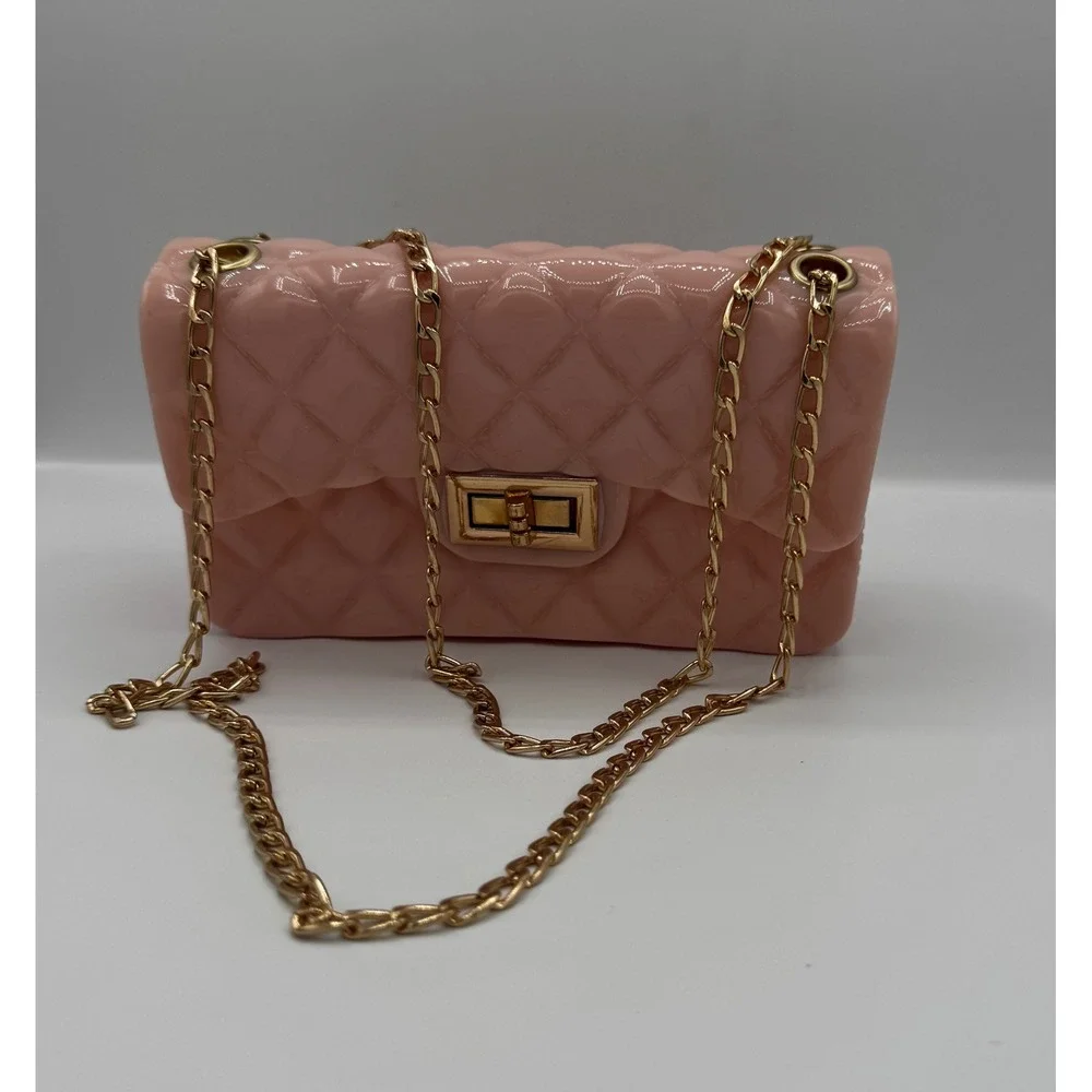 Jelly Crossbody‎ Bag Womens Mini Pink Quilted Gold Chain Strap Barbicore